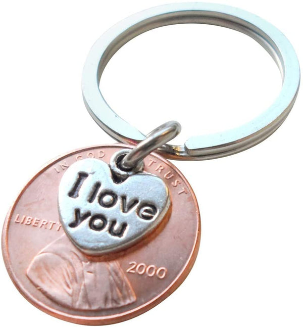 25 Year Anniversary Gift • 2000 Penny Keychain w/ "I Love You" Heart Charm by Jewelry Everyday