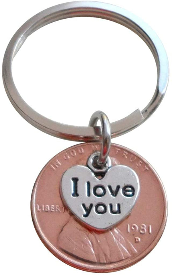 I Love You Heart Charm Layered Over 1981 Penny Keychain; 44 Year Anniversary Gift, Couples Keychain