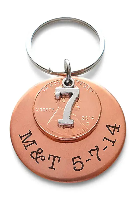 Custom Engraved Copper Disc Keychain with Penny and 7 Charm, 7 Year Anniversary Gift Keychain, Personalized Engraved Keychain