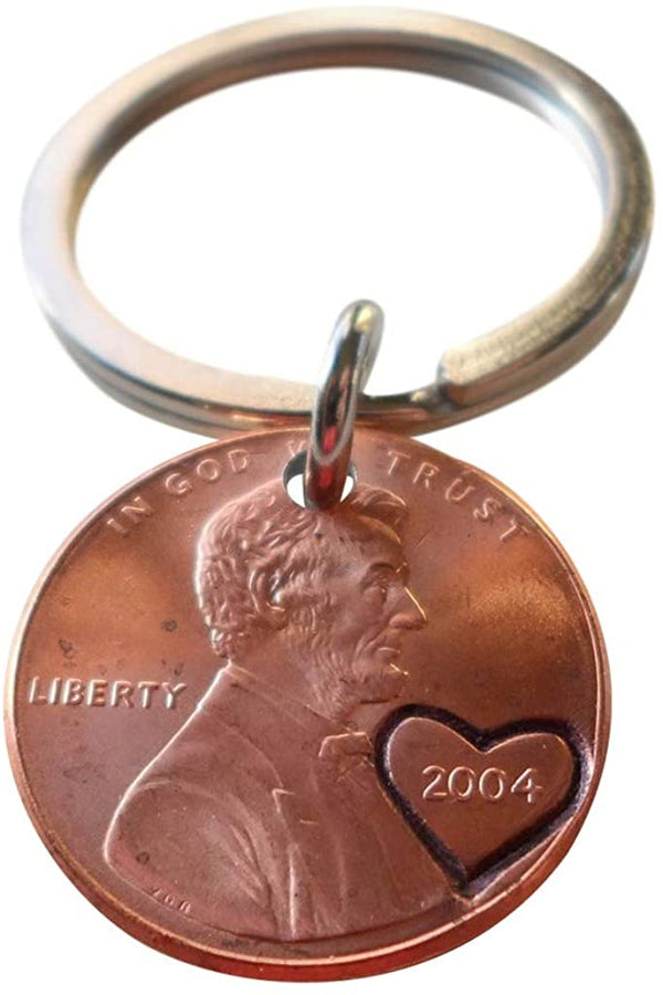 2004 Penny Keychain with Engraved Heart Around Year; 21 Year Anniversary Gift, Couples Keychain