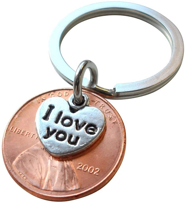 2002 Penny Keychain • 23 year Anniversary Gift with "I Love You" Heart Charm from JewelryEveryday