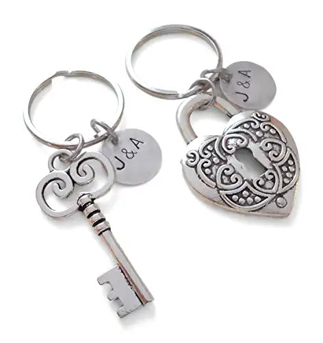 Custom Key & Lock Keychains with Stamped Tags for Couples Initials, Anniversary Gift Keychain