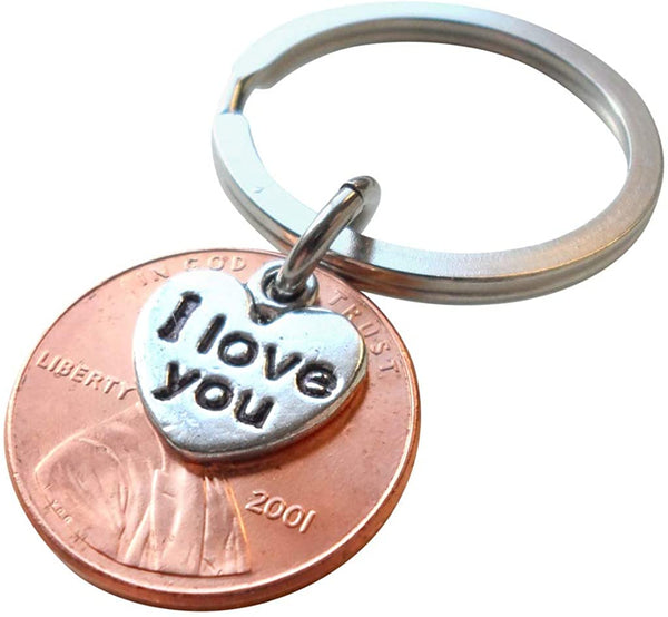 24 Year Anniversary Gift • 2001 Penny Keychain with "I Love You" Heart Charm by Jewelry Everyday