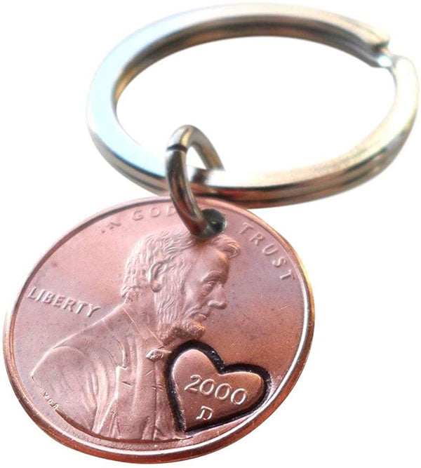 2000 Penny Keychains with Engraved Heart Around Year; 25 Year Anniversary Gift, Couples Keychain