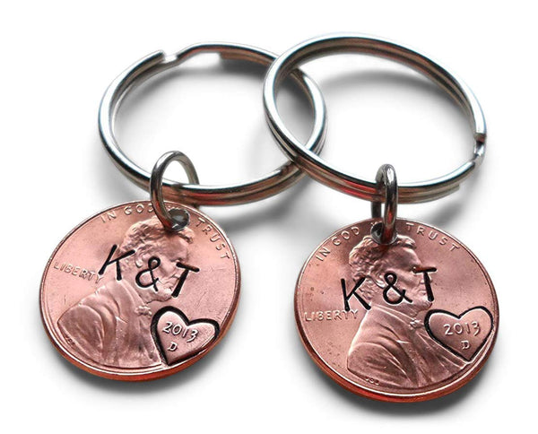 Anniversary Gift • Personalized Double Penny Keychain Set Hand Stamped w/ Custom Initials & Heart Around The Year w/ Options for Adding a Date