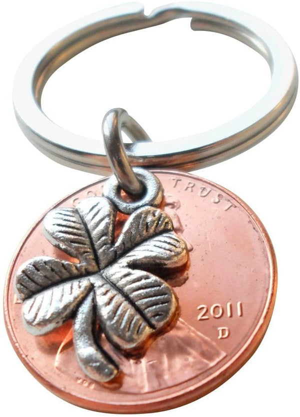 Clover Charm Layered Over 2011 Penny Keychain; 14 Year Anniversary Gift, Couples Keychain