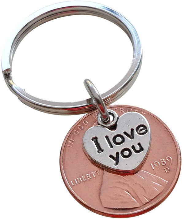 I Love You Heart Charm Layered Over 1989 Penny Keychain; 36 Year Anniversary Gift, Couples Keychain