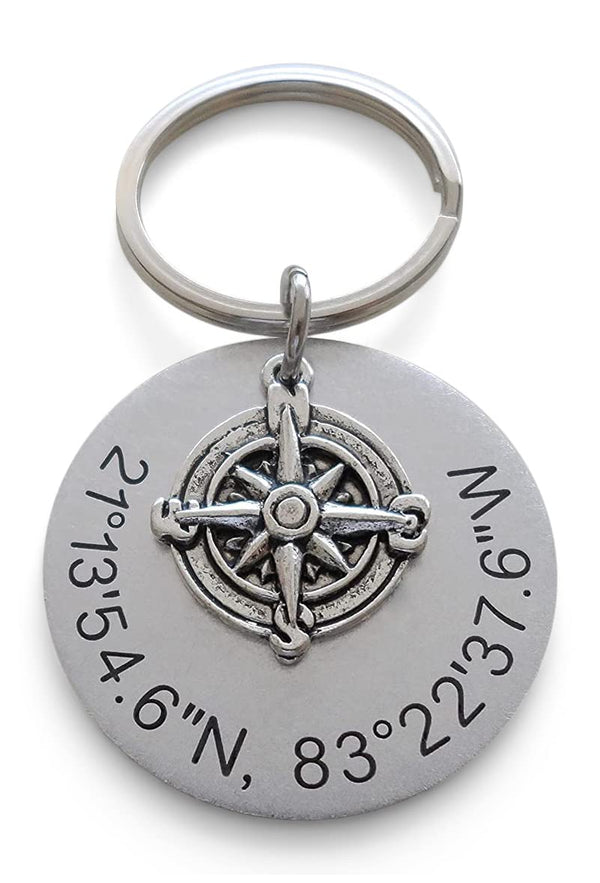 Custom Engraved Coordinates Keychain Steel Disc with Compass Charm, Anniversary Gift Keychain, Special Occasion GPS Keychain