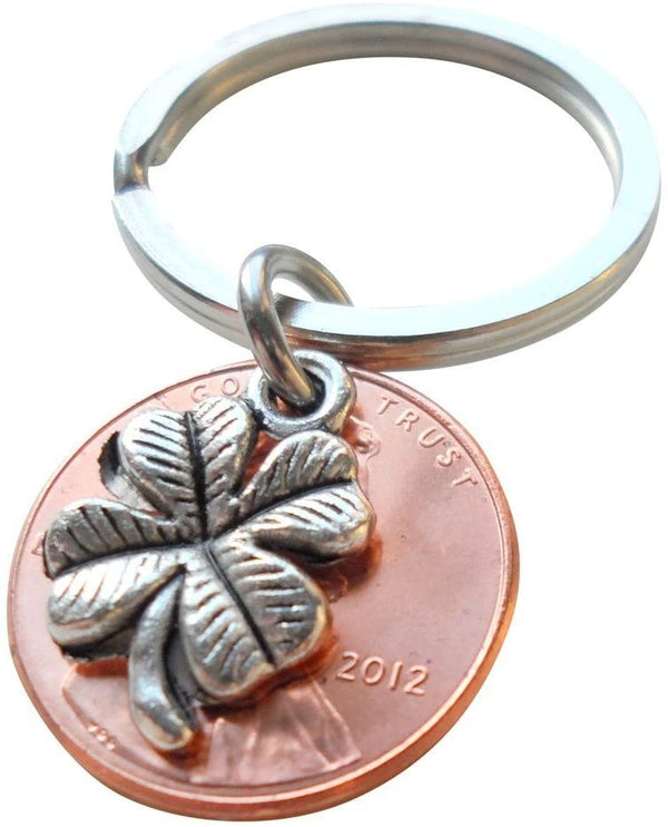 Clover Charm Layered Over 2012 Penny Keychain; 13 Year Anniversary Gift, Couples Keychain