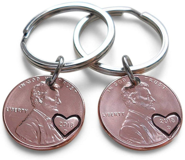 Double Keychain Set 2018 US One Cent Penny Keychains with Heart Around Year; 7 Year Anniversary Gift, Couples Keychain