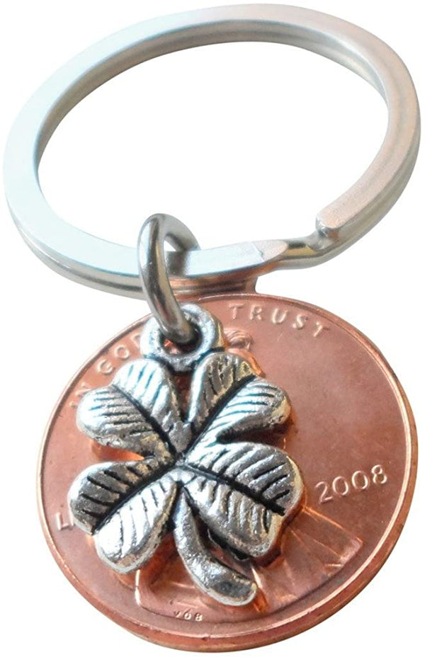 Clover Charm Layered over 2008 Penny Keychain, 17 Year Anniversary Gift, Birthday Gift, Couples Keychain