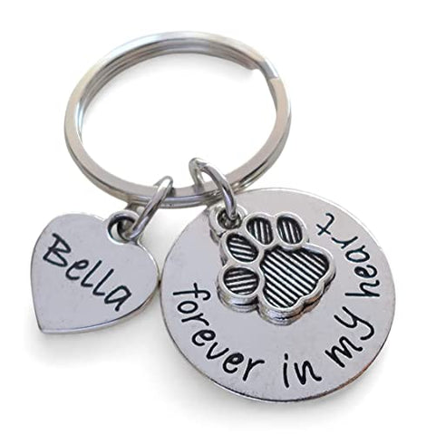 Custom Forever in My Heart Disc & Paw Charm Keychain with Custom Engraved Tag, Pet Loss Gift, Dog Memorial Keychain
