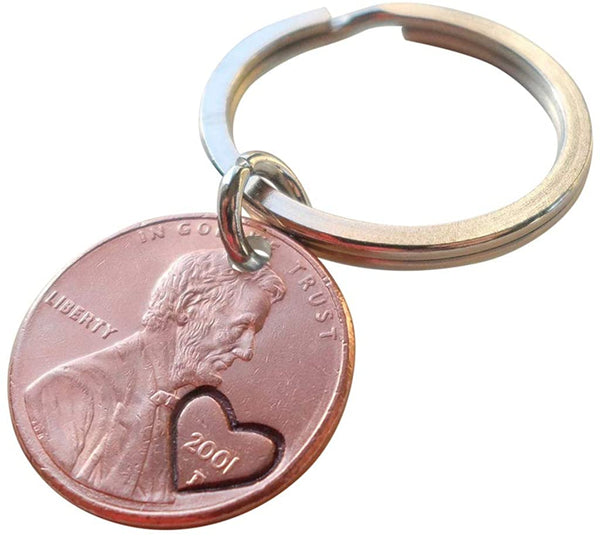 2001 Penny Keychain with Engraved Heart Around Year; 24 Year Anniversary Gift, Couples Keychain