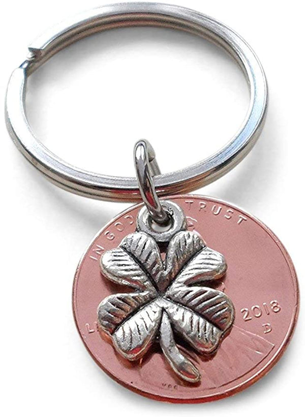 Clover Charm Layered Over 2018 US One Cent Penny Keychain; 7 Year Anniversary Gift, Couples Keychain