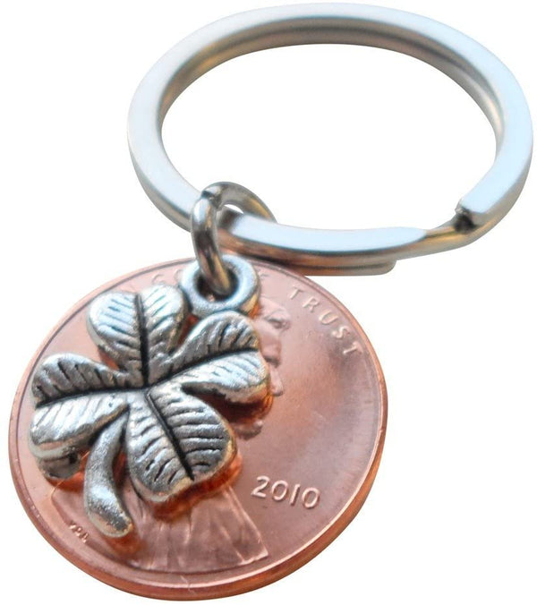 Clover Charm Layered Over 2010 Penny Keychain; 15 Year Anniversary or Birthday Gift, Couples Keychain