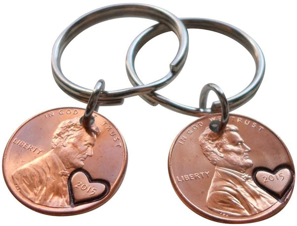 Double Keychain Set 2015 Penny Keychains with Engraved Heart Around Year; 10 Year Anniversary Gift, Couples Keychain