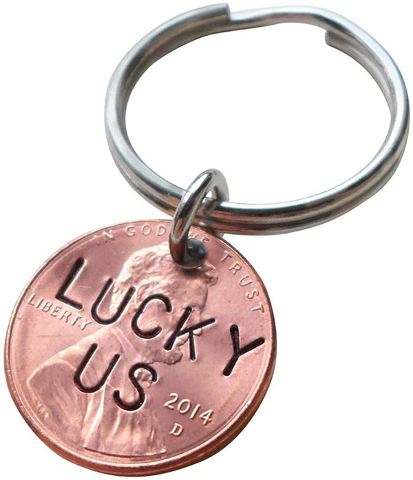 "Lucky Us" 2014 Penny Engraved Keychain; 11 Year Anniversary Gift, Couples Keychain