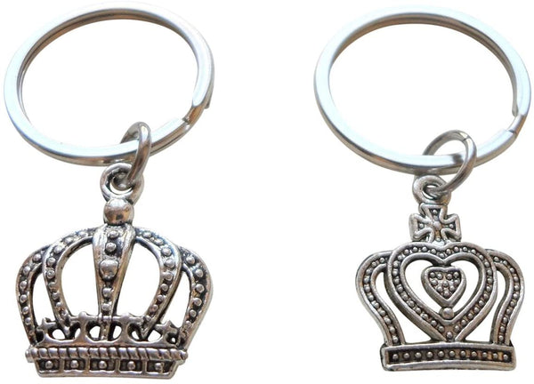 Silver Tone King and Queen Crown Keychain Set - King & Queen; Couples Keychain Set