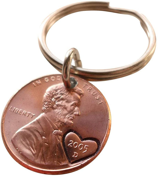 2005 Penny Keychain with Engraved Heart Around Year; 20 Year Anniversary Gift, Couples Keychain