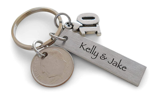 Custom Engraved Aluminum Tag Keychain with Dime & Number 10 Charm, Couples Keychain, 10 Year Anniversary Keychain