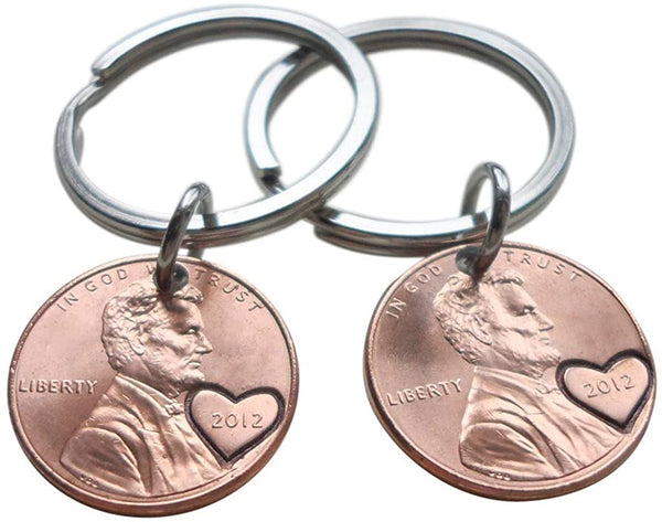 Double 2012 Penny Keychain Set with Engraved Heart Around Year • 13 Year Anniversary Gift from JE