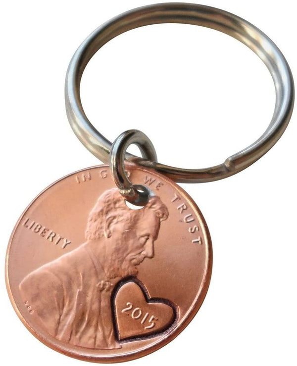 10 Year Anniversary Gift • 2015 Penny Keychain with Heart Around Year; Engraved by Jewelry Everyday