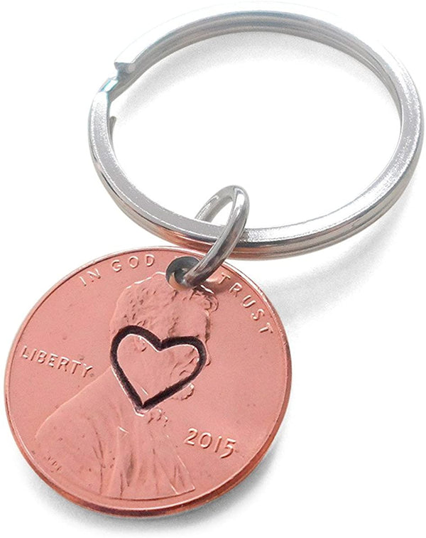 Centered Heart Stamped on 2015 Penny Keychain; 10 Year Anniversary Gift