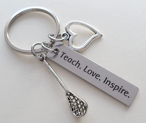 Lacrosse Coach Keychain, Lacrosse Stick Charm, Heart Charm, & Engraved Tag "Teach. Love. Inspire.", Lacrosse Coach Appreciation Keychain