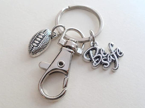 Football Player Keychain with Be Safe Charm and Swivel Clasp, American Football Player or Coach Keychain