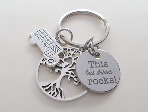 School Bus Driver Appreciation Keychain, Tree, Bus Charm & "This Bus Driver Rocks" Disc Charm Keychain