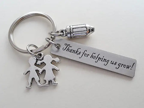 Children & Pencil Charm Keychain with "Thanks for Helping Us Grow" Engraved Tag, School Volunteer School Volunteer or Teacher Appreciation Keychain