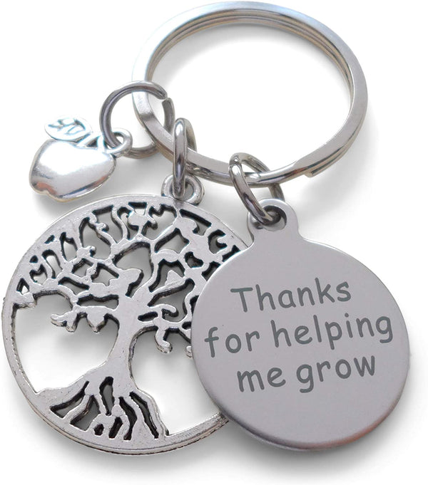 Personalized Teacher Appreciation Gifts • "Thanks for helping me grow!" Disc, Tree Charm, & Apple Charm Keychain by JewelryEveryday