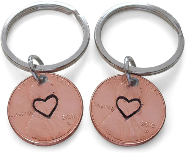 Double 2010 Penny Keychains with Centered Heart Stamped; 15 Year Anniversary Gift