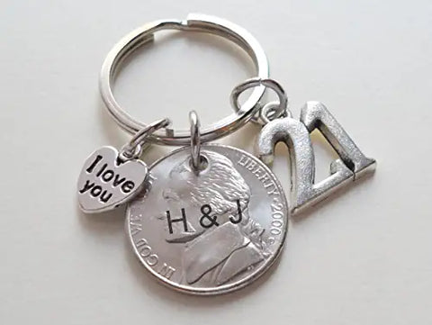Custom Nickel Keychain with 21 Charm & I Love You Heart Charm, Year Anniversary Gift, Husband Wife Key Chain, Boyfriend Girlfriend Gift, Customized Couples Keychains