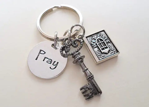 Religious Keychain, Key Charm, Holy Bible Charm & Pray Disc Charm, Religious Student Keychain
