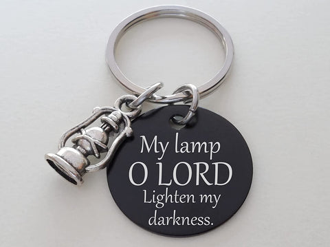 Lamp Charm Keychain with Engraved Aluminum Disc with "My Lamp O Lord Lighten My Darkness"; Religious Keychain