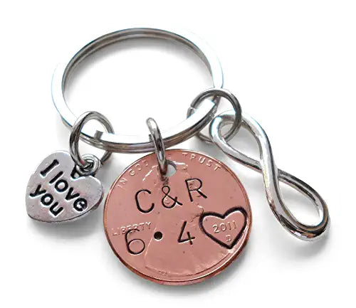 Custom Hand Stamped Personalized Penny Keychain, with 2 Selected Charm, Anniversary Key Chain for Husband, Wife, Boyfriend, Girlfriend Customized Couples Keychain