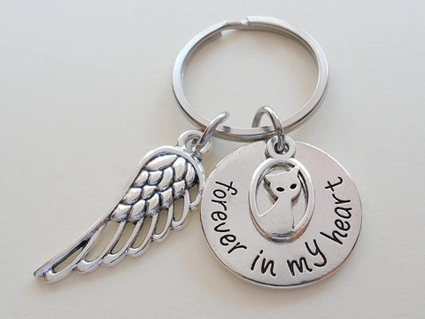 Forever in My Heart Keychain with Cat Charm and Wing Charm, Pet Cat Memorial Keychain