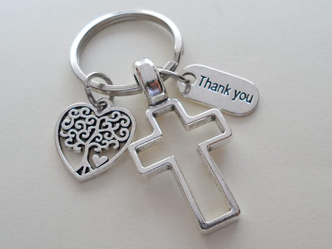Cross Keychain with Heart Tree and Thank You Tag Charm, Religious Keychain, Teacher or Neighbor