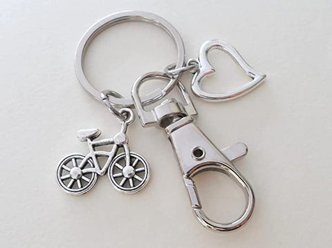 Bicycle Charm Keychain with Bike & Heart Charm and Swivel Clasp Hook, Biker Keychain