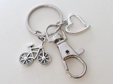 Bicycle Charm Keychain with Bike & Heart Charm and Swivel Clasp, Biker Keychain