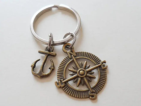 Bronze Compass Charm Keychain with Anchor Charm - I'd Be Lost Without You; Couples Keychain