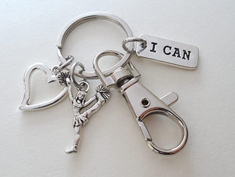 Cheerleader Charm Keychain with Heart & I Can Charm and Swivel Clasp, Cheerleading Keychain