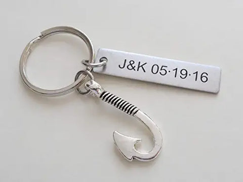 Custom Fish Hook Keychain with Engraved Tag for Couples or Best Friends Initials, Anniversary Gift Keychain
