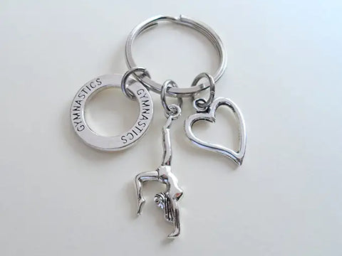 Gymnastics Keychain with Gymnast Charm, Gymnast Word Ring Charm, and Heart Charm; Gymnast or Coach Keychain