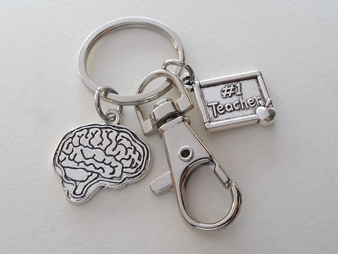Anatomy, Science, Biology or Psychologist Teacher Keychain with Brain Charm, #1 Teacher Charm & Swivel Clasp
