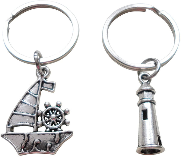Sailboat & Lighthouse Keychain Set - Your Light Helps Guide Me Home; Couples Keychains, Mother Daughter or Father Son