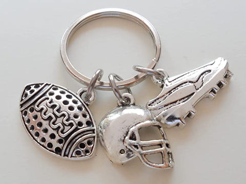 Football Player Keychain with Football Charm, Helmet Charm, & Cleat Charm, American Football Player or Coach Keychain