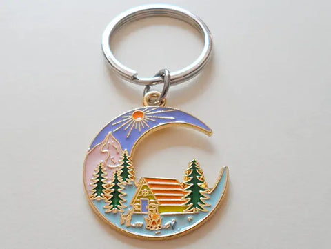 Camping Keychain; Mountain, Trees, & Cabin Scene Moon Shaped Charm Keychain