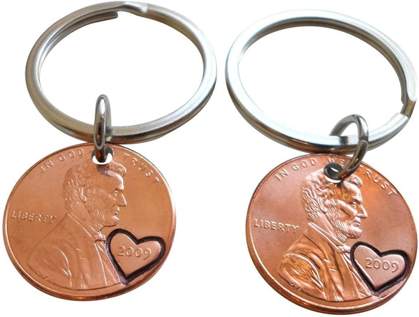 Double 2009 Penny keychain Set, 16 Year Anniversary Gift with Heart Engraved Around Year